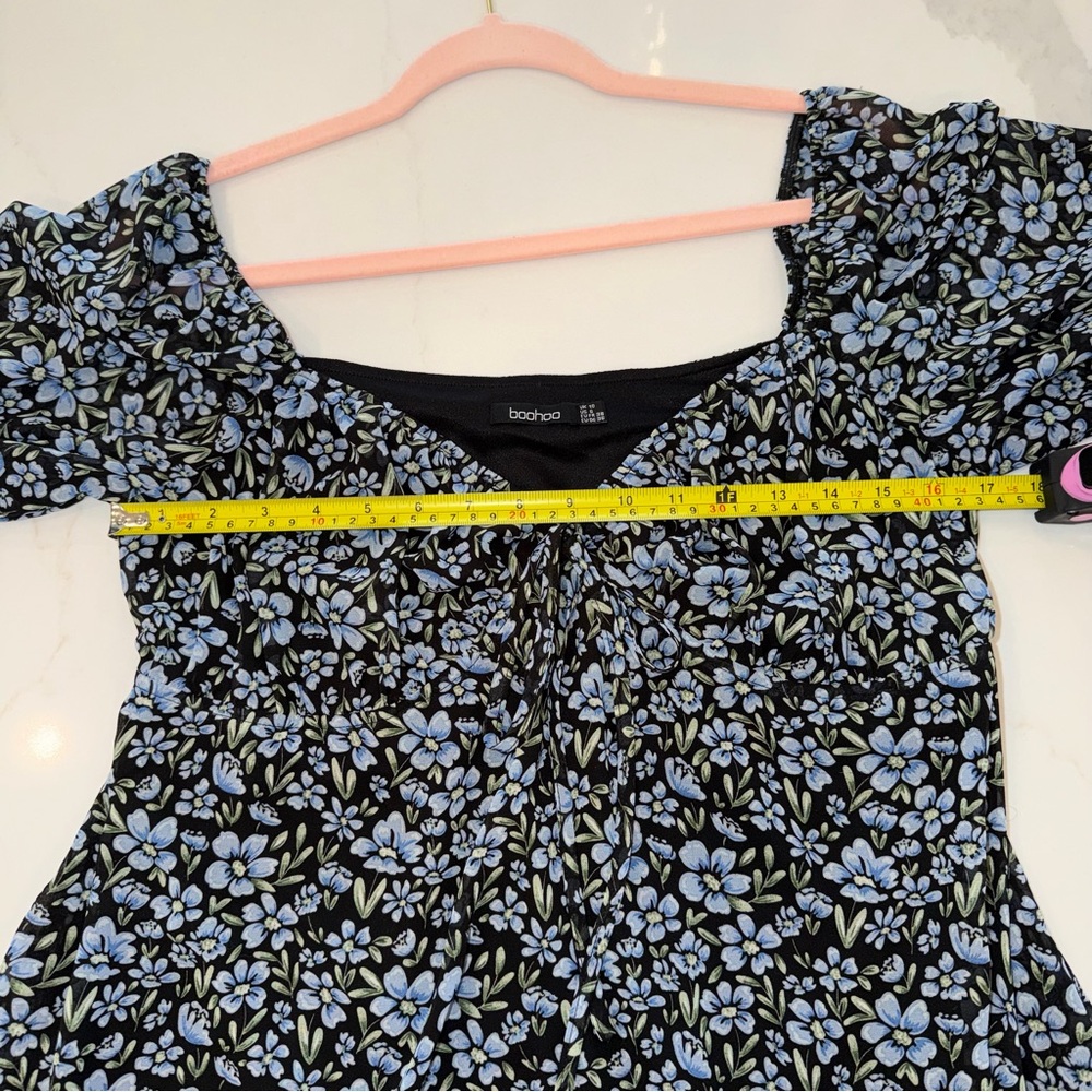 Boohoo Blue Floral Milkmaid Top Square Neck Balloon Sleeves | Size 6 - Picture 6 of 7
